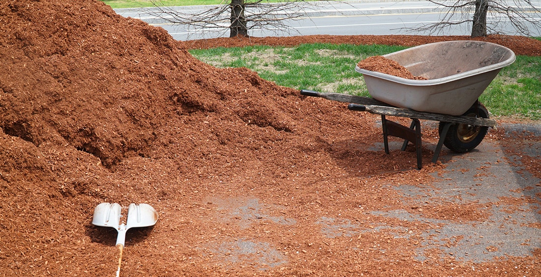 Pile of mulch, wheelbarrow and scoop shovel