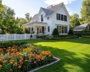 Backyard of a home with green grass, flower beds and hedges